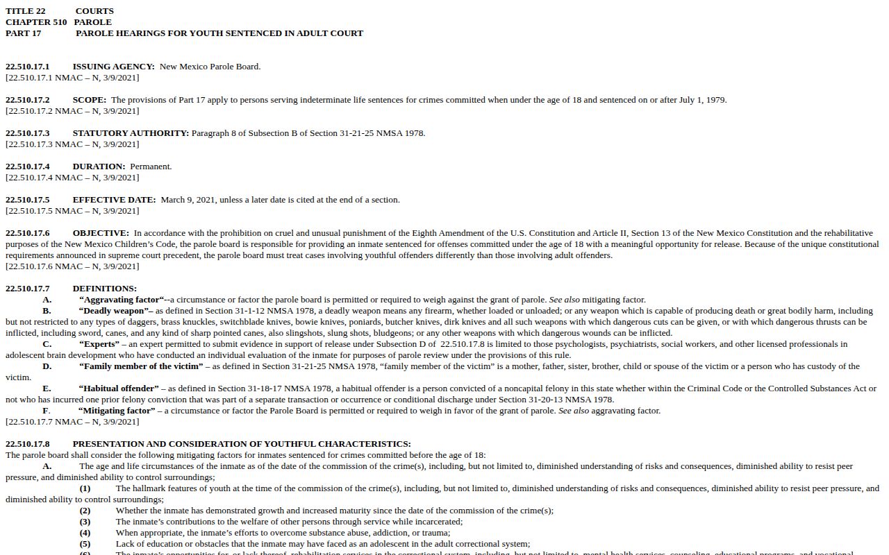 New Mexico youthful-offender parole rule for Eddy County supervision