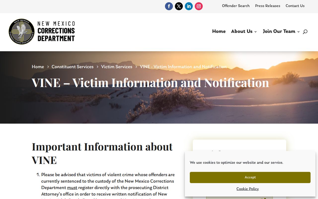 New Mexico VINE service notice for Eddy County release notifications
